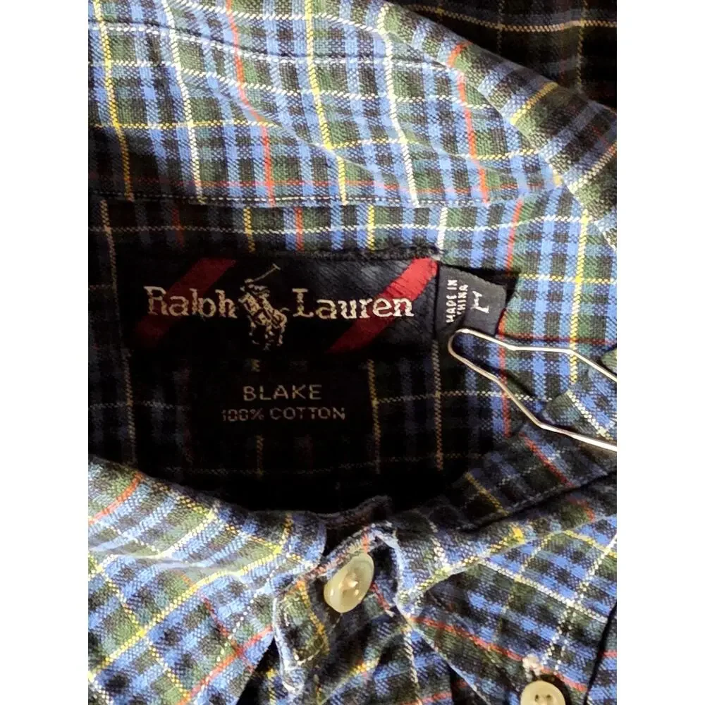 Polo Ralph Lauren Blake Shirt Mens L Blue Plaid Button Down Cotton LS VTG